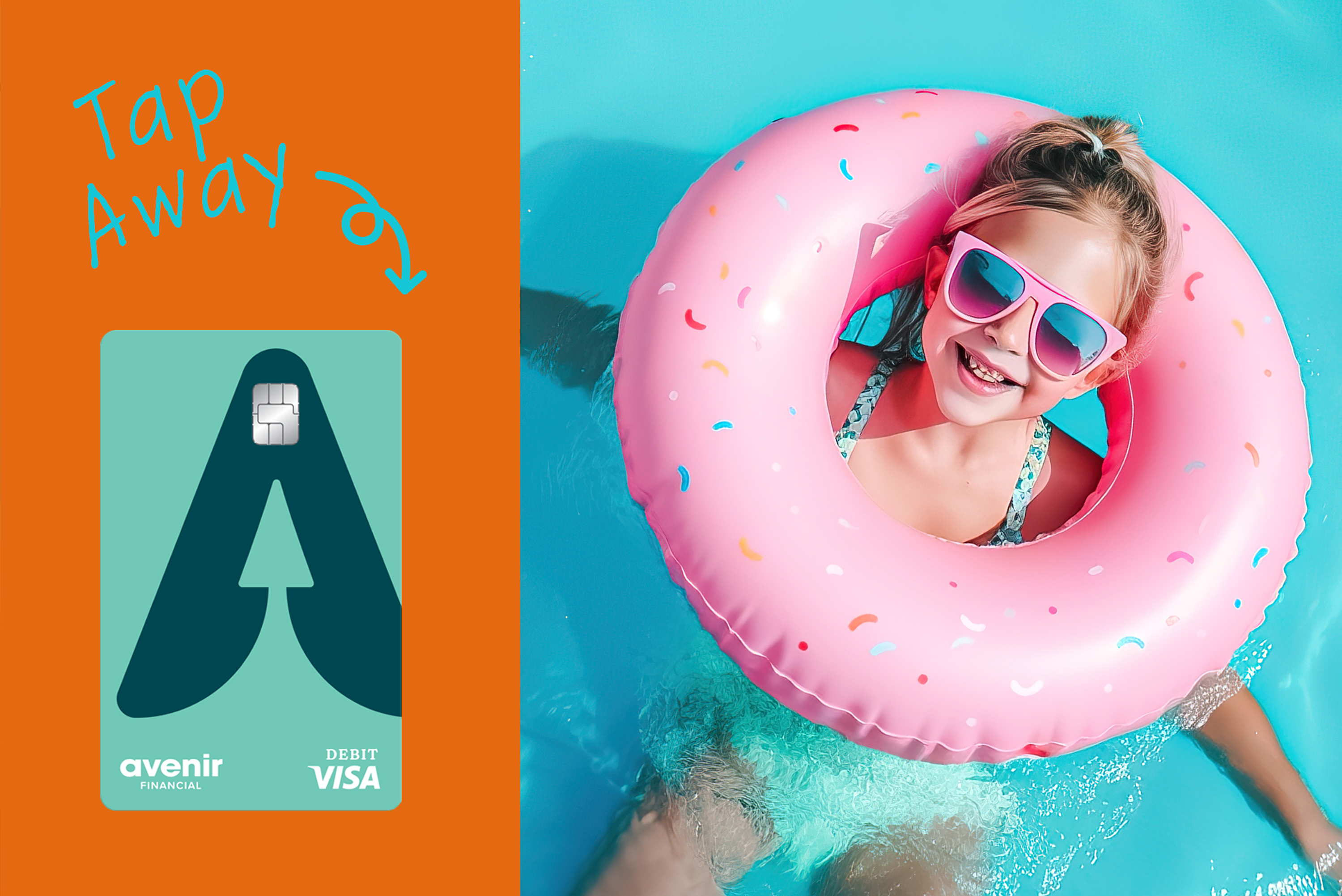 Avenir Financial debit card and girl in pool